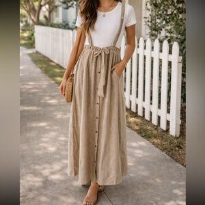 Hayden Button-Front Suspender Maxi Skirt. Women’s Sz-L Tan Stripe | Neutral EUC
